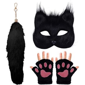Therian Mask and Tail Keychain Paw Fingerless Plush Gloves Set Halloween Cat Mask Tail Cosplay Fox Mask Wolf Tail