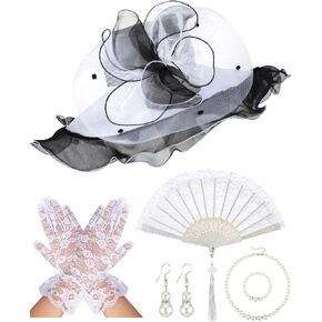 Croknit 6 Pcs Kentucky Organza Derby Hat Tea Party Hat Set for Women with Fascinators Hat Necklace Bracelet Earrings Fan