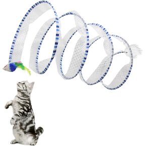 Andiker Cat Tunnel Toy, 10 inch Collapsible Metal Cat Spring Toy with Nylon Mesh, Feather, Mouse, and Bell, Interactive Cat Toys for Indoor Cats to Scratch, Puzzle, Relax and Kill Time (Blue)