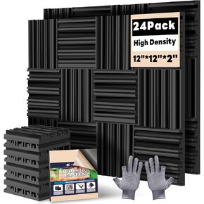 24 حزمة من الألواح الإسفنجية المقاومة للصوت للجدران ذاتية اللصق، 2 بوصة × 12 بوصة × 12 بوصة من ألواح الجدران العازلة للصوت عالية الكثافة، لوحات صوتية سريعة التوسع مقاومة للحريق، عازلة للصوت لغرفة نوم استوديو تسجيل الموسيقى (أسود) in Kuwait