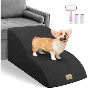 Mestuel Extended Dog Stairs Steps for Small Dogs, 2 Tiers Dog Stairs for Couch Sofa, Pet Stairs Ramp for Short leg Dogs with Gentle Slope &Nonslip Bottom, Washable Fabric Cover, Lint Roller Set, Brown