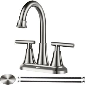 4 Inch Bathroom Faucets for Sink 3 Hole, Faucet for Bathroom Sink with Pop-up Drain & Supply Hoses, 2-Handle 360 Swivel Spout Stainless Steel Lead-Free, Centerset Faucet for Bathroom Vanity Lavatory