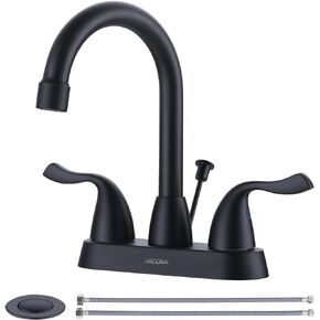 ARCORA Matte Black Bathroom Faucet, 2 Handle Basin Faucet, 4 Inch Centerset Bathroom Faucet with Drain Assembly and Supply Hoses, Bathroom Sink Faucet Black