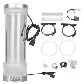 210mm Water Cooling, G1/4 Acrylic Cylinder Water Reservoir with RGB Lighting, 300ML DIY Computer Water Cooling Pump with Temperature Display, Noise Reduction(Black Red Temperature