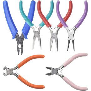 6Pcs Jewelry Pliers, Jewelry Making Tools Kit for Necklace, Bracelet, Earrings Making or Repairing, Include Nose Pliers, Wire Cutters, Crimping Pliers, Bent Nose Pliers, End Nippers for Beading Craft
