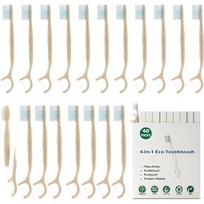 NUDUKO Travel Toothbrush Dental Floss Picks - 4 in 1 Biodegradable Disposable Toothbrushes with Tongue Scraper, Eco-Friendly Individually Wrapped Toothbrush for Adult Kids Travel Oral Care, 40 Pack