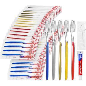 Disposable Toothbrushes with Toothpaste and Floss Individually Wrapped, 5 Colors Bulk Toothbrush and Toothpaste 10g, Dental Floss Pick, Travel Toothbrush Set for Homeless,Air Bnb/Hotel/Guest (100)