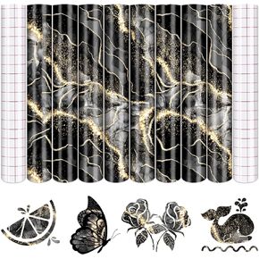 Tintnut Marble Permanent Vinyl - 8 Sheets 12"x10", Black Adhesive Vinyl Sheets, Watercolor Gold Pattern Self Sticker Water proofing Vinyl Compatible with Cricut Or Silhouette