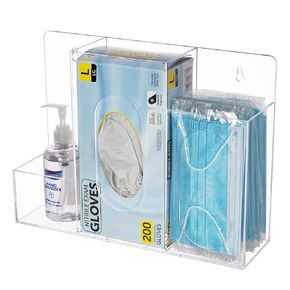 Aphbrada Triple Hygiene Dispenser Station with 3 Compartments - Acrylic Wall Mount or Tabletop Box Holder Dispenser for Masks, Gloves Box, Hand Sanitizer, Hairnets, Medical Supplies, Tissues, Clear