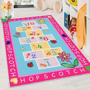 DoRlPIeY Kids Hopscotch Rug, 2' 7" x 4' Hop and Count Pink Game Mat, Numbers Fun and Educational Anti Slip Boy and Girl Floor Carpet for Playroom Classroom Nursery and Bedroom