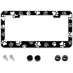 Paws Print License Plate Frame - 1 Pack Personalized Aluminum Car License Plate Cover Black and White Dog Paws License Plate Holder Universal US-Canada 2 Hole Auto Car Tag for Women/Men