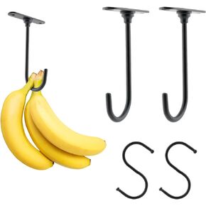 Ranjaner 2Pcs Banana Hook with S Hooks, Self Adhesive Metal Hooks Under Cabinet to Keep Bananas Fresh, Kitchenware Hanging Tools for Fruit, Pots, Towels, Cup(Black)