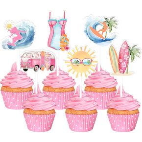 JOYMEMO 24 Pieces Surf Cupcake Toppers for Girl - Surfing Birthday Party Decorations, Double-sided Printed Surf Cake Decor, Beach Surfboard Summer Baby Shower Party Supplies