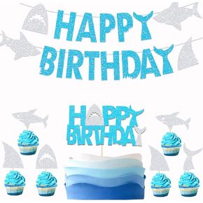 زينة حفلات أعياد ميلاد القرش، لافتة عيد ميلاد سعيد، لافتة عيد ميلاد سعيد، أغطية كب كيك لتحت البحر/القرش الصغير/حيوانات المحيط، مستلزمات حفلات أعياد الميلاد