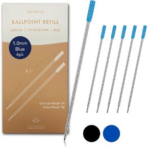 MESMOS 6 Pack Cross Compatible Pen Refills Ballpoint Blue Ink, 1mm Medium Point, German-Made Ink and Swiss-Made Nib, Pen Replacement Refills, 4.5 inch (116mm) (Blue Ink)