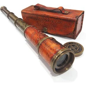 Brass Nautical Antique Working Telescope/Spyglass Replica in Leather Box, with Glass Optics, Extendable to 16 inches, Made of Pure Brass, Decorative Scope