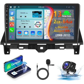 8Core 2+64G Car Stereo for Honda Accord 8th 2008-2013 Wireless Carplay Android Auto,10.1 inch 1280 * 720P IPS Touch Screen Radio, Android/GPS/WiFi/32band DSP Audio/Bluetooth/SWC/Backup Camera