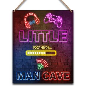 Neon Gaming Little Man Cave, Boys Teenage Room Hanging Wall Art Decoration, 10" x 12" Video Game Hanging Wall Art Decor for Kids Toddler Bedroom Playroom Living Room - C01