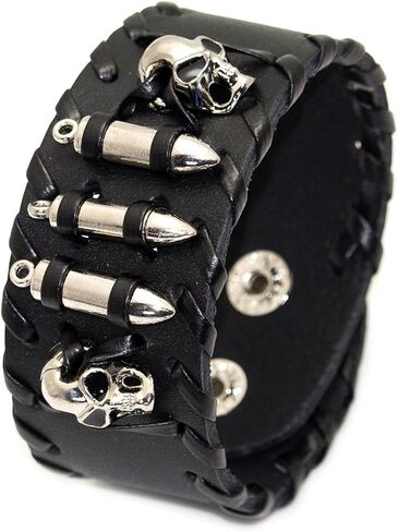Balaijor Punk Rock Alloy Skull Head Braided Leather Wristband Adjustable Snap Cuff Bracelet in Saudi Arabia
