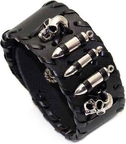 Balaijor Punk Rock Alloy Skull Head Braided Leather Wristband Adjustable Snap Cuff Bracelet in Saudi Arabia