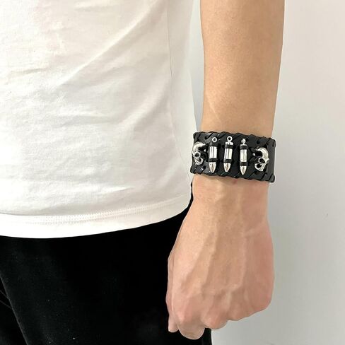 Balaijor Punk Rock Alloy Skull Head Braided Leather Wristband Adjustable Snap Cuff Bracelet in Saudi Arabia