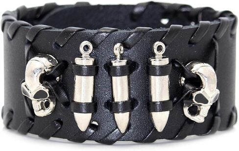 Balaijor Punk Rock Alloy Skull Head Braided Leather Wristband Adjustable Snap Cuff Bracelet in Saudi Arabia