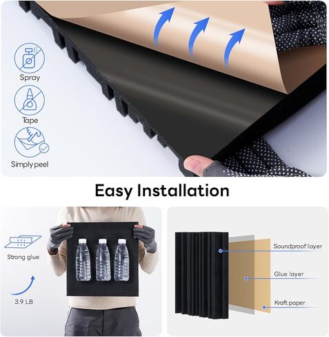 24 حزمة من الألواح الإسفنجية المقاومة للصوت للجدران ذاتية اللصق، 2 بوصة × 12 بوصة × 12 بوصة من ألواح الجدران العازلة للصوت عالية الكثافة، لوحات صوتية سريعة التوسع مقاومة للحريق، عازلة للصوت لغرفة نوم استوديو تسجيل الموسيقى (أسود) in Kuwait