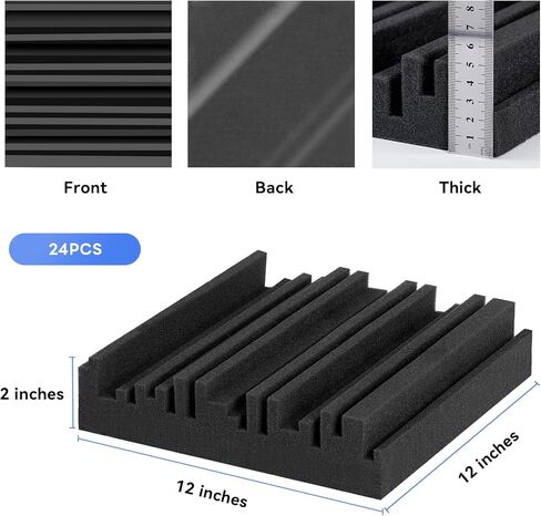 24 حزمة من الألواح الإسفنجية المقاومة للصوت للجدران ذاتية اللصق، 2 بوصة × 12 بوصة × 12 بوصة من ألواح الجدران العازلة للصوت عالية الكثافة، لوحات صوتية سريعة التوسع مقاومة للحريق، عازلة للصوت لغرفة نوم استوديو تسجيل الموسيقى (أسود) in Kuwait