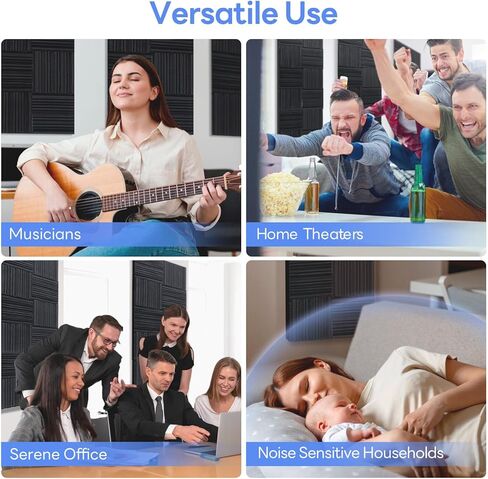 24 حزمة من الألواح الإسفنجية المقاومة للصوت للجدران ذاتية اللصق، 2 بوصة × 12 بوصة × 12 بوصة من ألواح الجدران العازلة للصوت عالية الكثافة، لوحات صوتية سريعة التوسع مقاومة للحريق، عازلة للصوت لغرفة نوم استوديو تسجيل الموسيقى (أسود) in Kuwait