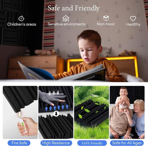 24 حزمة من الألواح الإسفنجية المقاومة للصوت للجدران ذاتية اللصق، 2 بوصة × 12 بوصة × 12 بوصة من ألواح الجدران العازلة للصوت عالية الكثافة، لوحات صوتية سريعة التوسع مقاومة للحريق، عازلة للصوت لغرفة نوم استوديو تسجيل الموسيقى (أسود) in Kuwait