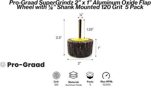 Pro-Graad SuperGrindz 5 Pack 2" x 1" x 1/4" 120 Grit Aluminum Oxide Shank Mounted Abrasive Flap Wheels, Ideal for Metal, Wood, Grinding, Blending, Polishing, Rust & Paint Removal in Kuwait