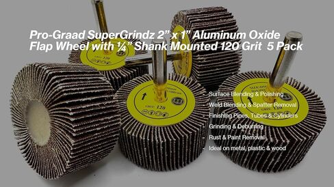 Pro-Graad SuperGrindz 5 Pack 2" x 1" x 1/4" 120 Grit Aluminum Oxide Shank Mounted Abrasive Flap Wheels, Ideal for Metal, Wood, Grinding, Blending, Polishing, Rust & Paint Removal in Kuwait
