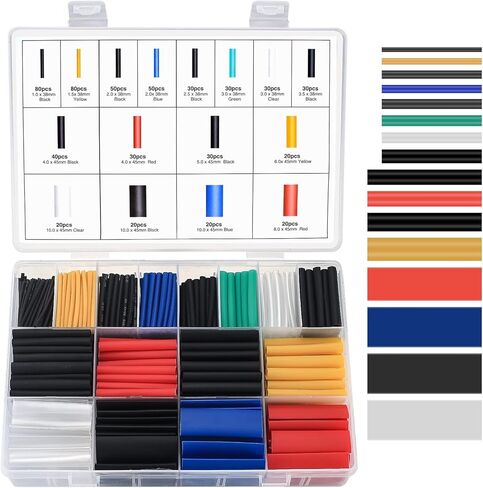 600 قطعة من مجموعة أنابيب الانكماش الحراري، نسبة 2:1 من أنابيب لف الأسلاك المقاومة للماء، أنابيب لف الأسلاك الكهربائية المنكمشة بالحرارة، لعزل إصلاح تغليف كابل الأسلاك، 7 ألوان و16 مقاسًا in Kuwait