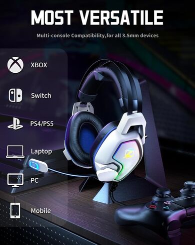 سماعة رأس Ozeino للألعاب مع ميكروفون للكمبيوتر الشخصي PS4 PS5 والكمبيوتر المحمول Xbox Series S|X، محرك 50 مم، ضوء RGB، ميكروفون مرن، أغطية أذن كبيرة جدًا لسماعات رأس الألعاب in Kuwait