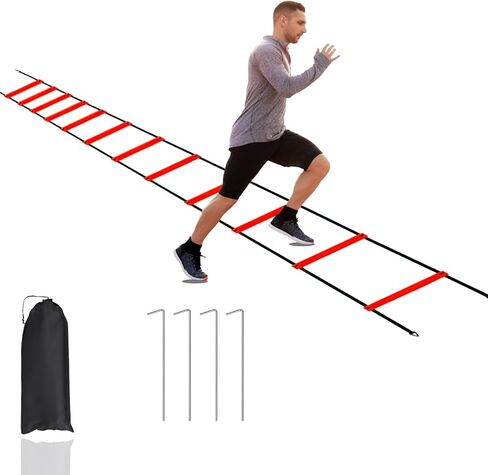porffitoy Agility Ladder Speed Ladder, 12 Rung Adjustable Agility Ladder, 4 Steel Stakes with Carry Bag for Speed Training, Football, Soccer, Footwork (Red) in Kuwait