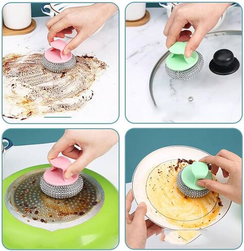 قطعتان من صوف الفولاذ المقاوم للصدأ بمقبض، فرشاة تنظيف الأطباق شديدة التحمل، فرشاة تنظيف للأطباق، فرش تنظيف من الفولاذ المقاوم للصدأ، مستلزمات تنظيف للأواني والمقالي والشوايات والحوض. in Kuwait