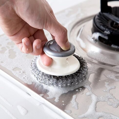 قطعتان من صوف الفولاذ المقاوم للصدأ بمقبض، فرشاة تنظيف الأطباق شديدة التحمل، فرشاة تنظيف للأطباق، فرش تنظيف من الفولاذ المقاوم للصدأ، مستلزمات تنظيف للأواني والمقالي والشوايات والحوض. in Kuwait