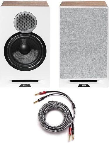 ELAC DBR62-W زوج مكبرات الصوت المرجعية لأول مرة على رف الكتب - أبيض / بلوط مع زوج كابل مكبر صوت حساس SPW-10FT-P بطول 10 أقدام (2019) in Kuwait