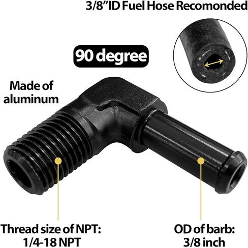 Sutekus 1/4 "NPT ذكر إلى 3/8" محول تركيب بارب 90 درجة ألومنيوم محول أنبوب موصل دفع على تركيب محول تركيب الوقود (90 درجة، 3/8 بارب إلى 1/4 NPT) in Kuwait