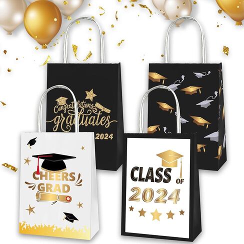 12 Pieces 2024 Graduation Gift Bags Graduation Favor Treat Bags Graduation Party Candy Gifts Bags with Handles, Gold Words Goodie Candy Treat Bags Class of 2024 Senior Year Party Decoration Supplies in Saudi Arabia