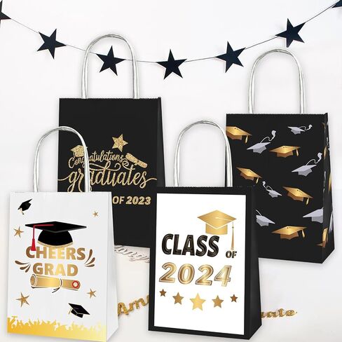 12 Pieces 2024 Graduation Gift Bags Graduation Favor Treat Bags Graduation Party Candy Gifts Bags with Handles, Gold Words Goodie Candy Treat Bags Class of 2024 Senior Year Party Decoration Supplies in Saudi Arabia
