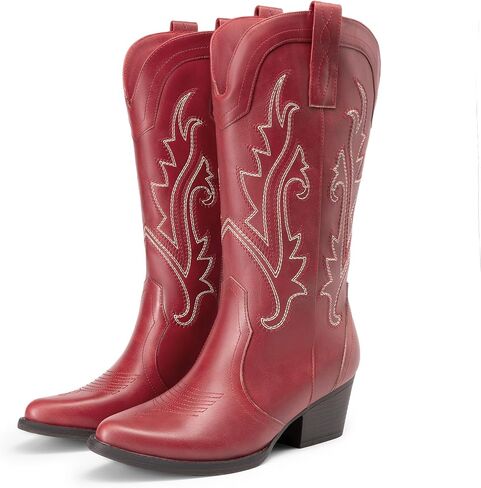 DREAM PAIRS Women's Cowboy Cowgirl Western Boots | Embroidered Pointed Toe Low Heel Western Mid Calf Boots for Theme Party Country Concert in Kuwait