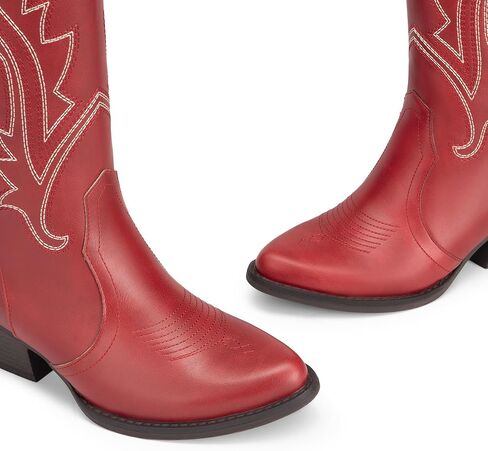 DREAM PAIRS Women's Cowboy Cowgirl Western Boots | Embroidered Pointed Toe Low Heel Western Mid Calf Boots for Theme Party Country Concert in Kuwait