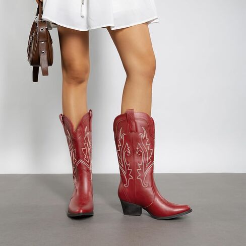 DREAM PAIRS Women's Cowboy Cowgirl Western Boots | Embroidered Pointed Toe Low Heel Western Mid Calf Boots for Theme Party Country Concert in Kuwait