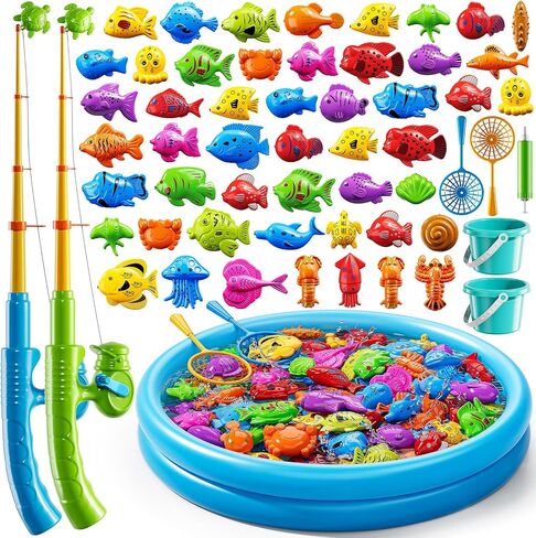 JUKUDAHU Magnet Fishing Game for Kids 3 4 5 6 7 8 Years Old | Pool Bath Toys for Toddlers, Pole Rod Net, Floating Fish Toys, Outdoor Party Toys for Boys Girls Kids Age 3-8 8-12 Year Old in Saudi Arabia