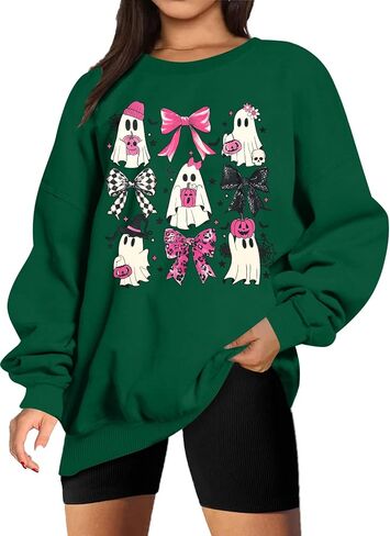 LUKYCILD Ghost Halloween Sweatshirt for Women Coquette Bow Pumpkin Graphic Tee Oversized Spooky Season Long Sleeve Shirt in Saudi Arabia