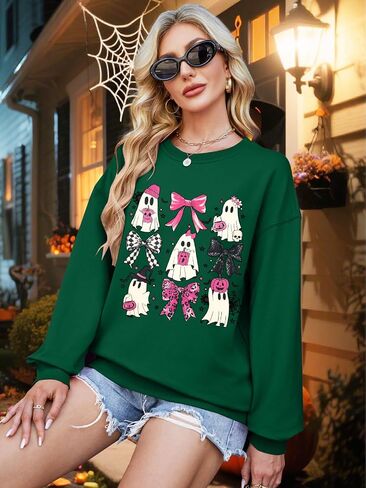 LUKYCILD Ghost Halloween Sweatshirt for Women Coquette Bow Pumpkin Graphic Tee Oversized Spooky Season Long Sleeve Shirt in Saudi Arabia