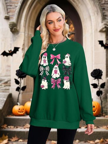LUKYCILD Ghost Halloween Sweatshirt for Women Coquette Bow Pumpkin Graphic Tee Oversized Spooky Season Long Sleeve Shirt in Saudi Arabia