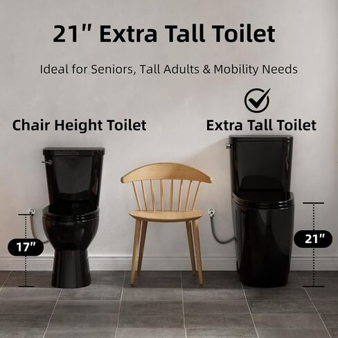 Modern Skirted 21" High Toilet with Cyclone Flush, Los Flexi Tall Toilets For Seniors 21 inch, Comfort Elongated Bowl, Chrome Lever, Soft-Close Seat, 1.28GPF Two-Piece Extra Tall Toilet, 12" Rough-In in Kuwait