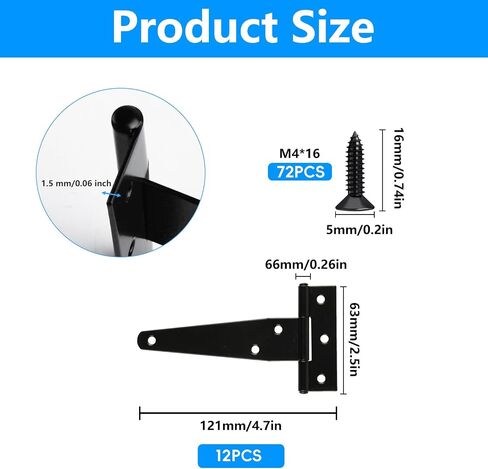 12-Pack Heavy Duty 3" T-Strap Gate Hinges for Outdoor Doors, Wooden Fences, Barns & Sheds - Black in Saudi Arabia